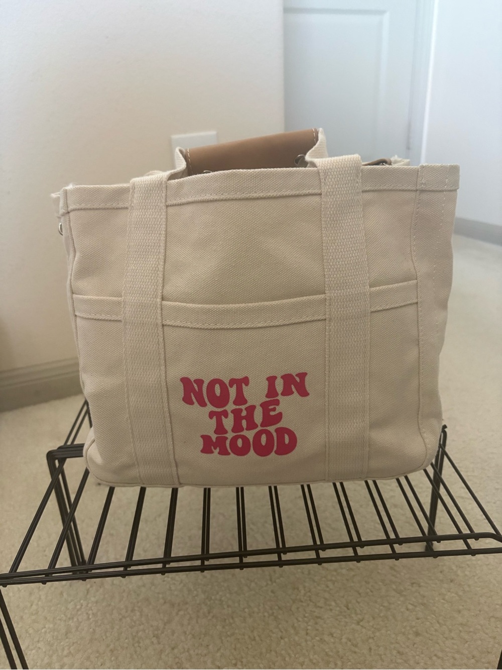 Canvas Tote Bag "Not In The Mood" – Cream with Pink Print